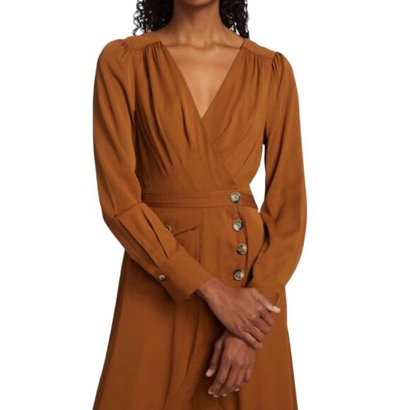 NWT Self-Portrait Women’s Midi Wrap Dress Button Front Cognac Brown sz 0 - Picture 3 of 15